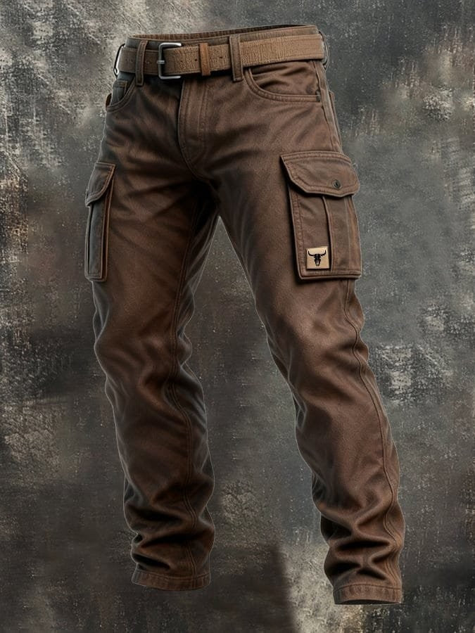 Pantalon cargo homme coupe ajustée et fuselée, poches latérales, patch bull