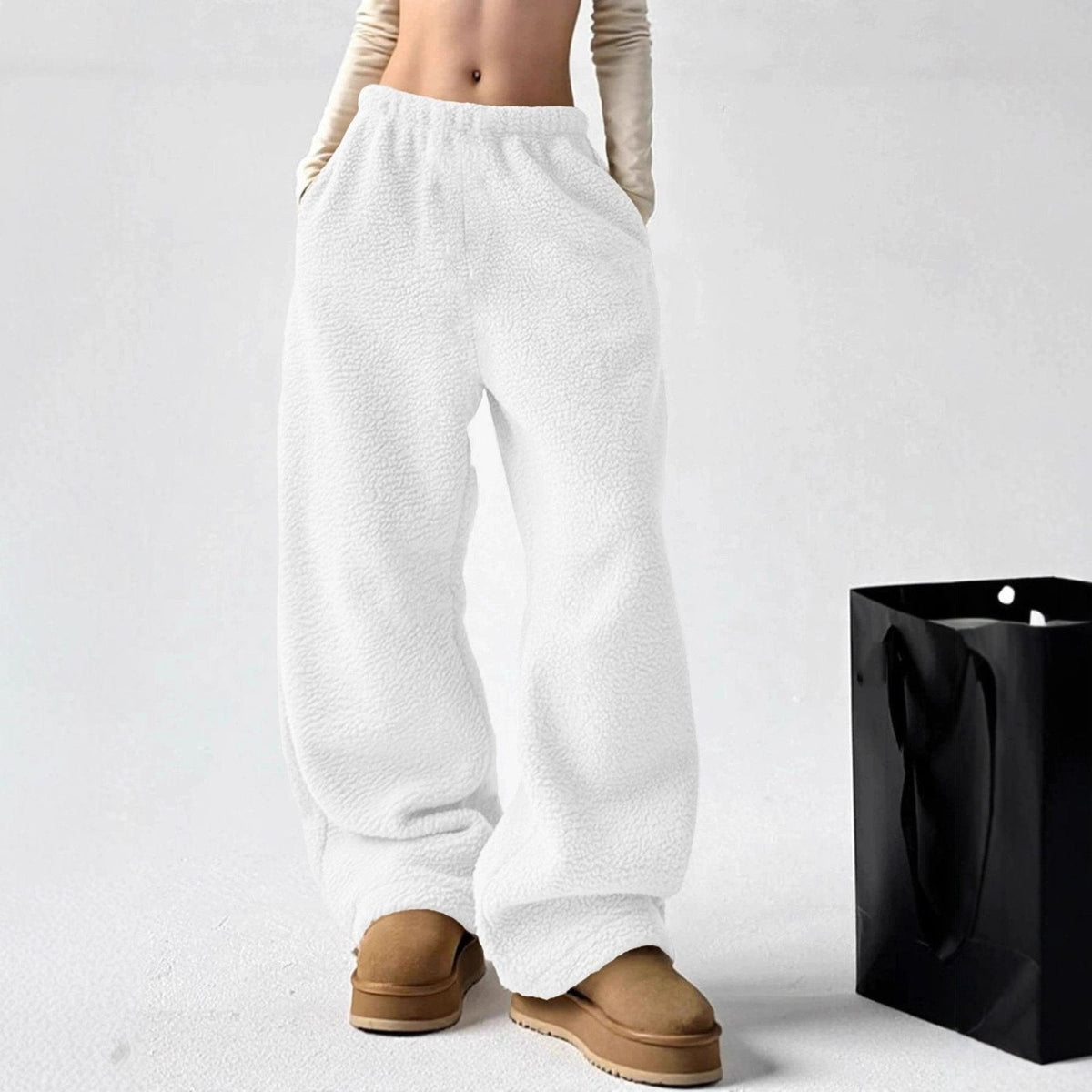 Pantalon en molleton pelucheux à jambes larges, Style décontracté facile