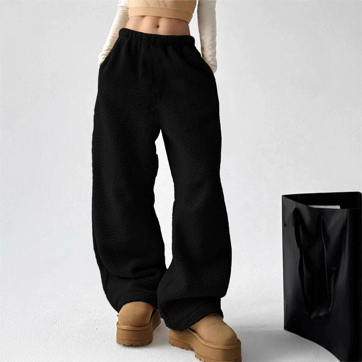 Pantalon en molleton pelucheux à jambes larges, Style décontracté facile