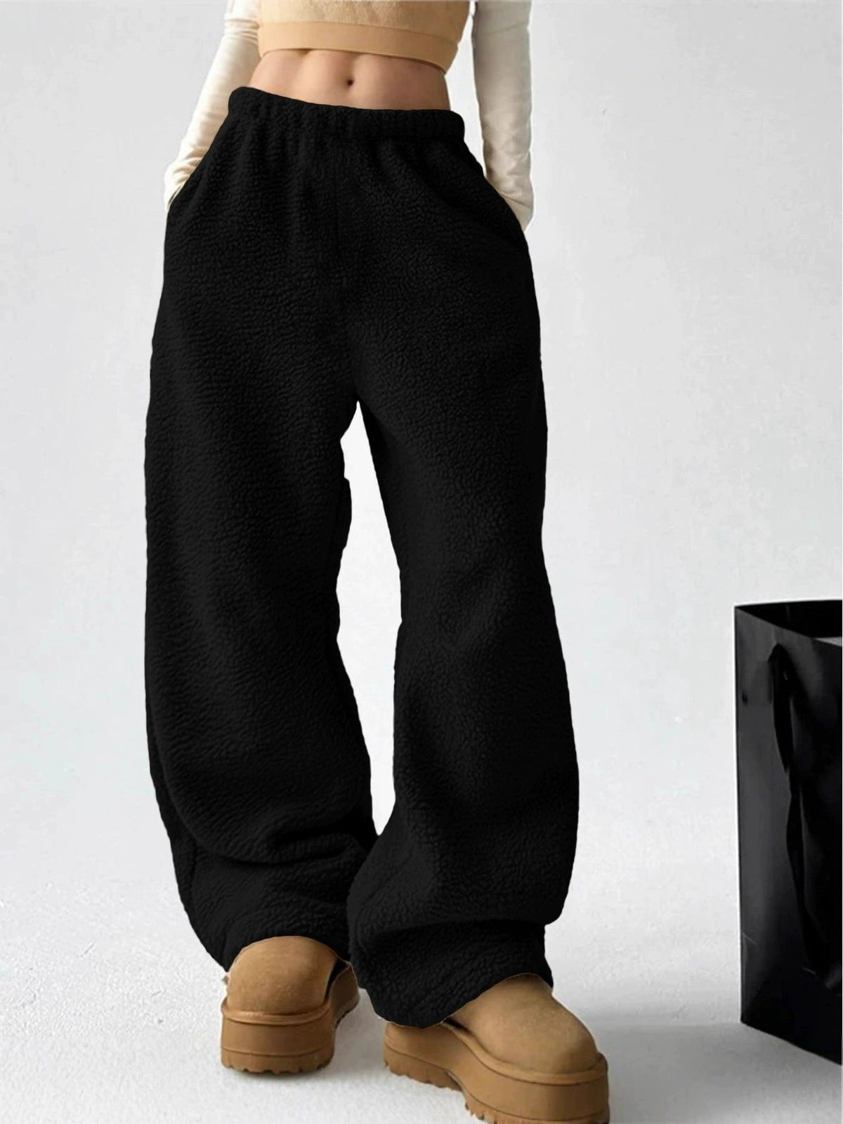 Pantalon en molleton pelucheux à jambes larges, Style décontracté facile