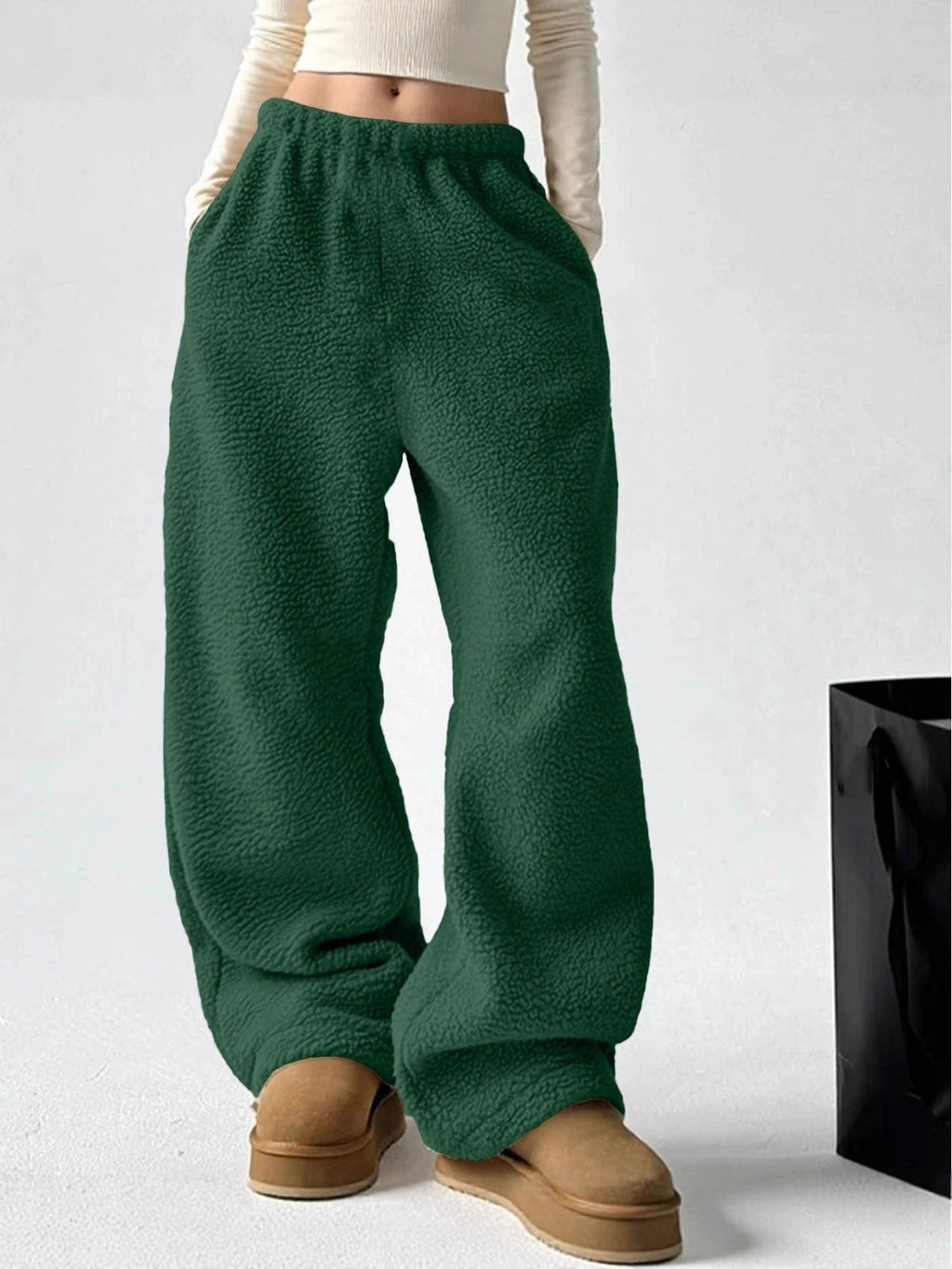Pantalon en molleton pelucheux à jambes larges, Style décontracté facile