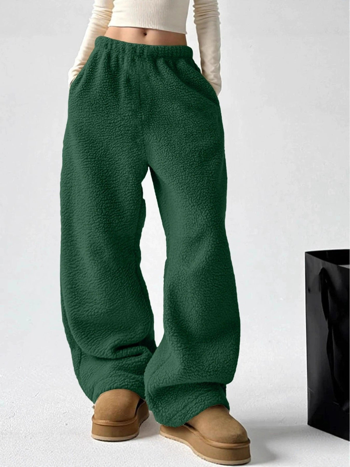Pantalon en molleton pelucheux à jambes larges, Style décontracté facile