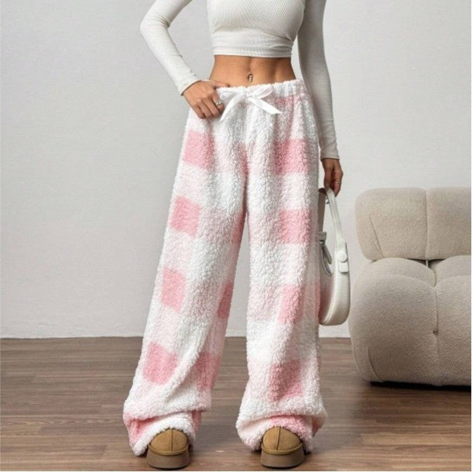 Pantalon pyjama polaire à carreaux et jambes larges pour femme, journées d'hiver douillettes