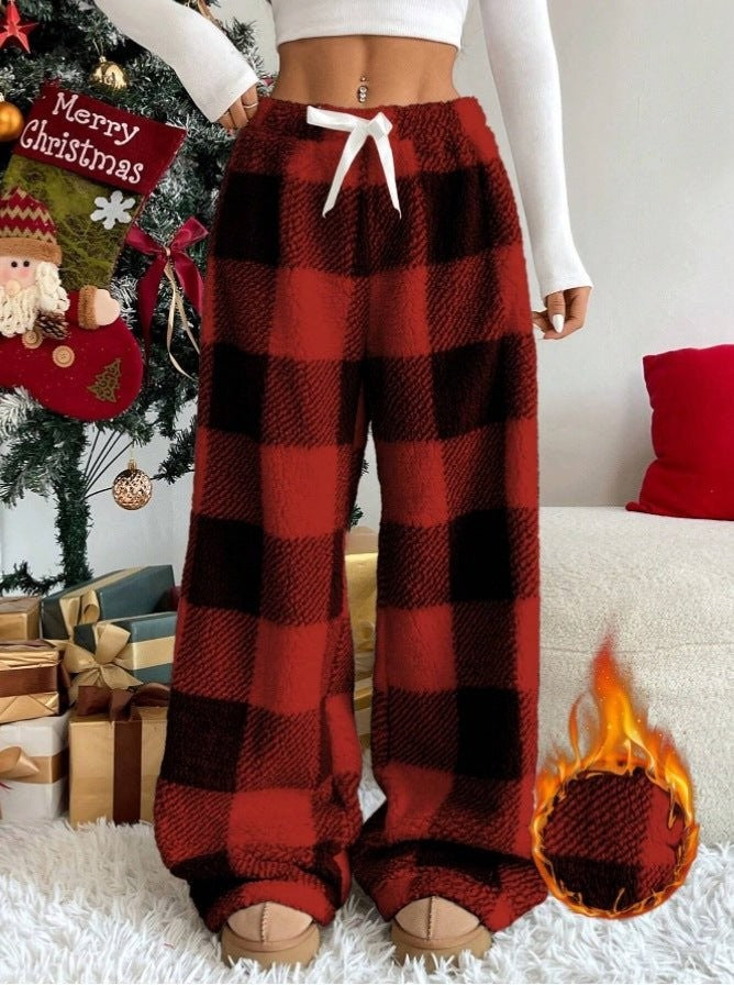 Pantalon pyjama polaire à carreaux et jambes larges pour femme, journées d'hiver douillettes