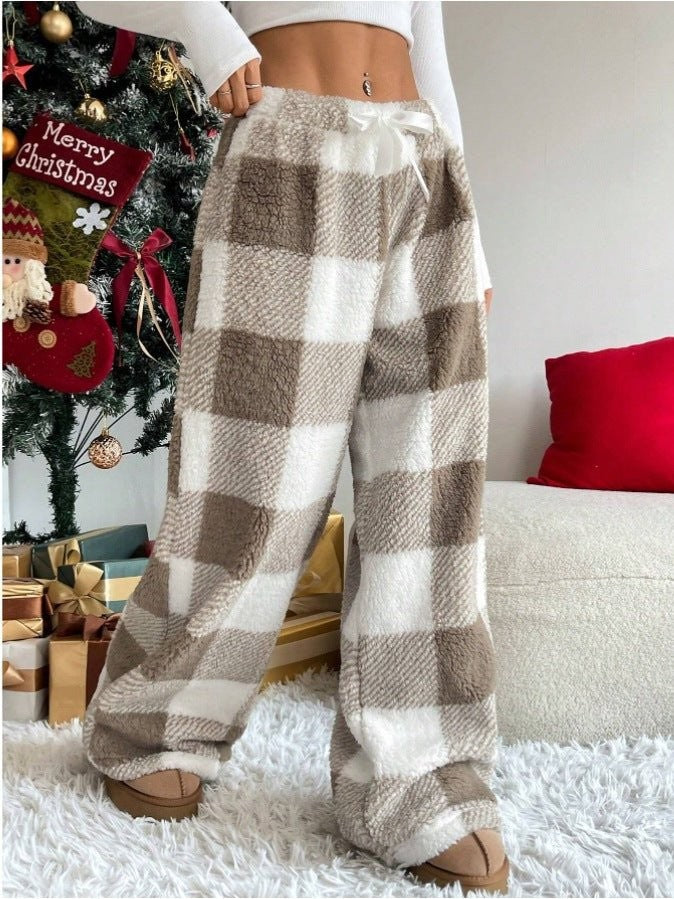 Pantalon pyjama polaire à carreaux et jambes larges pour femme, journées d'hiver douillettes