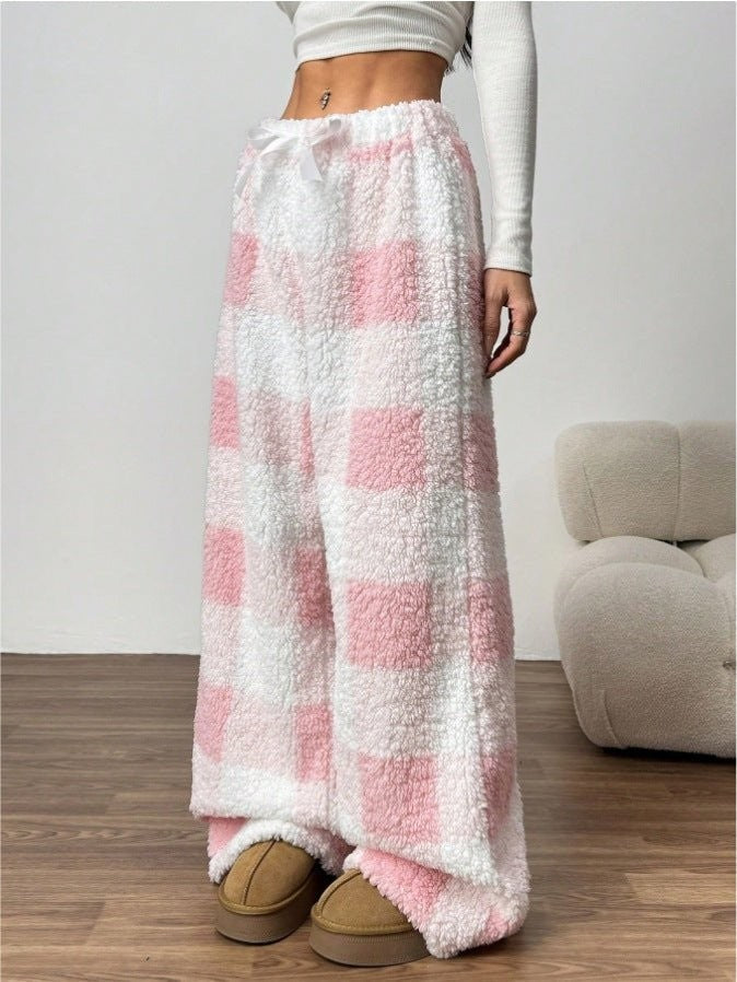 Pantalon pyjama polaire à carreaux et jambes larges pour femme, journées d'hiver douillettes