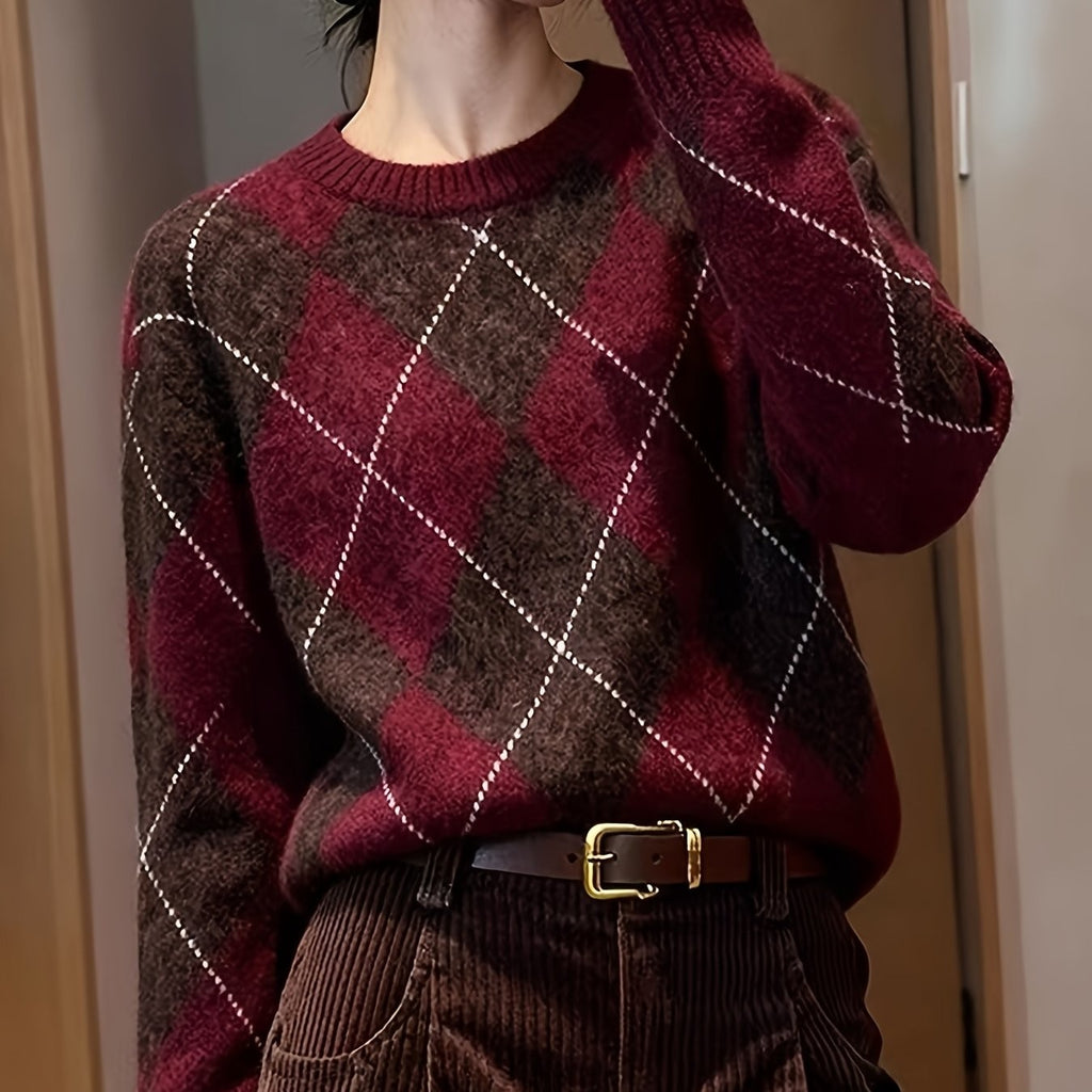 Pull à col rond à motif losange pour femme