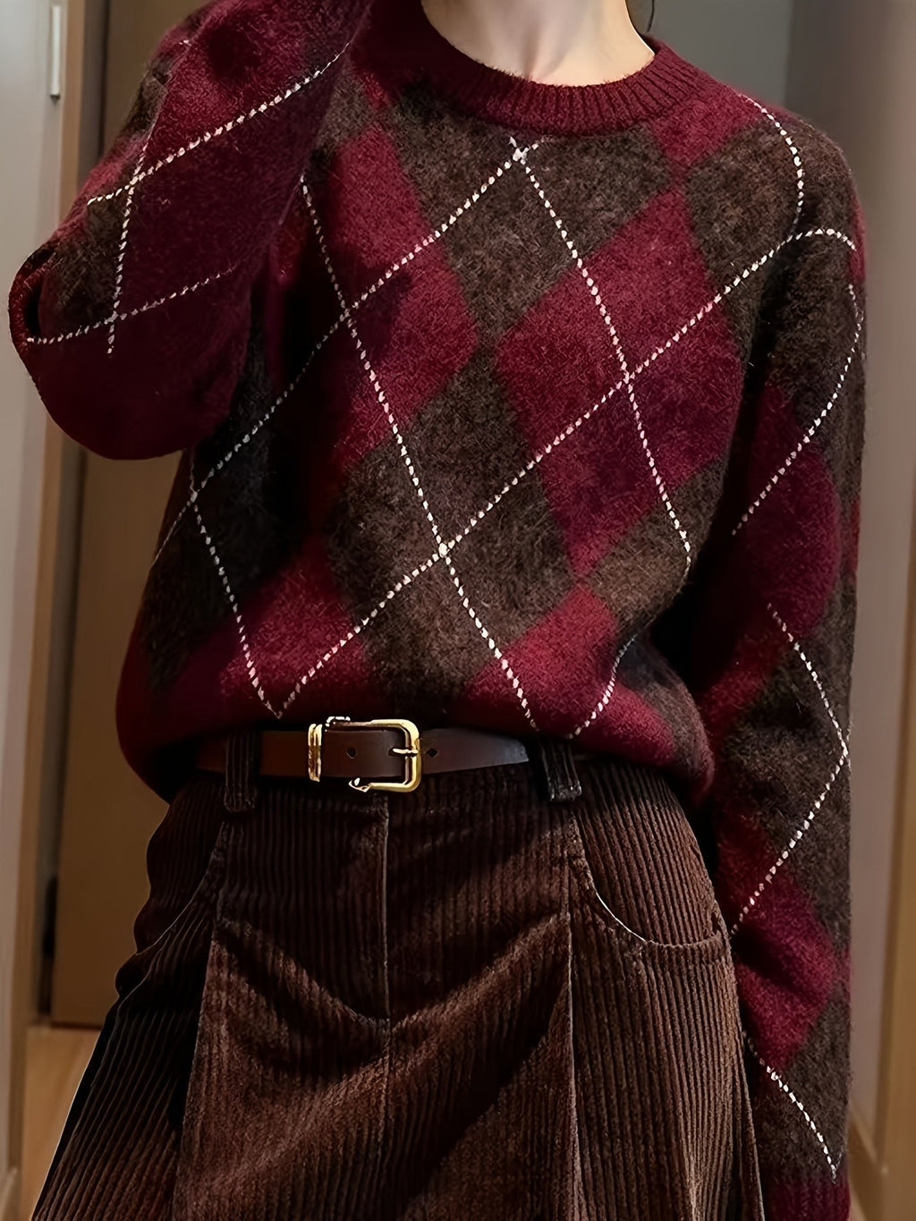Pull à col rond à motif losange pour femme