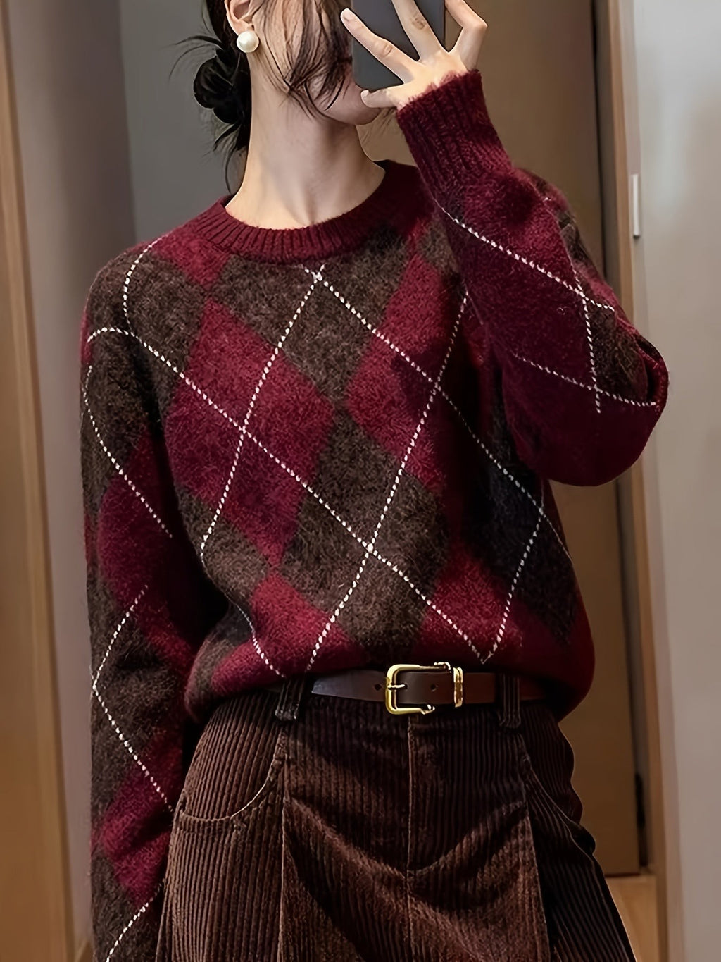 Pull à col rond à motif losange pour femme