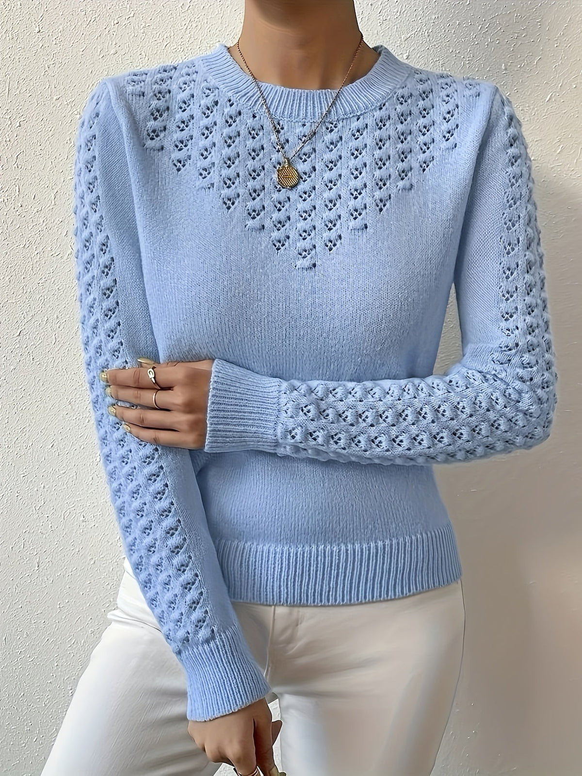 Pull à col rond en tricot pointelle chaud pour femme