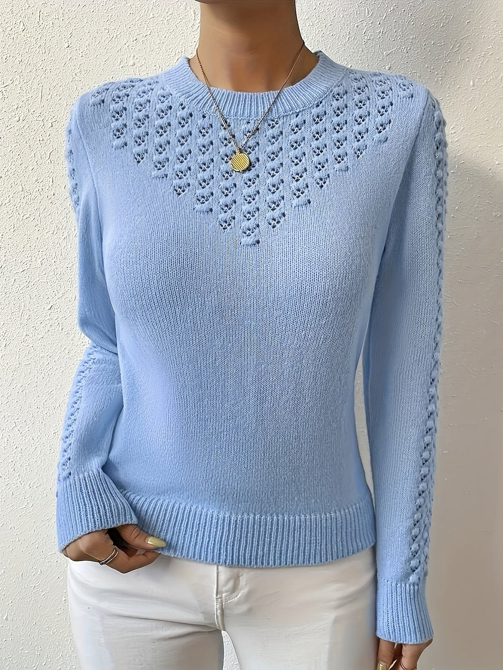 Pull à col rond en tricot pointelle chaud pour femme