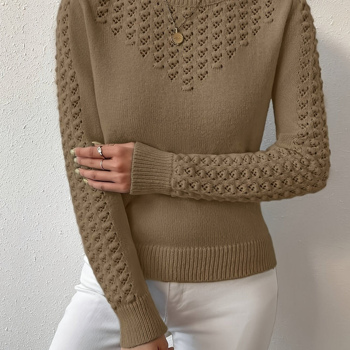 Pull à col rond en tricot pointelle chaud pour femme