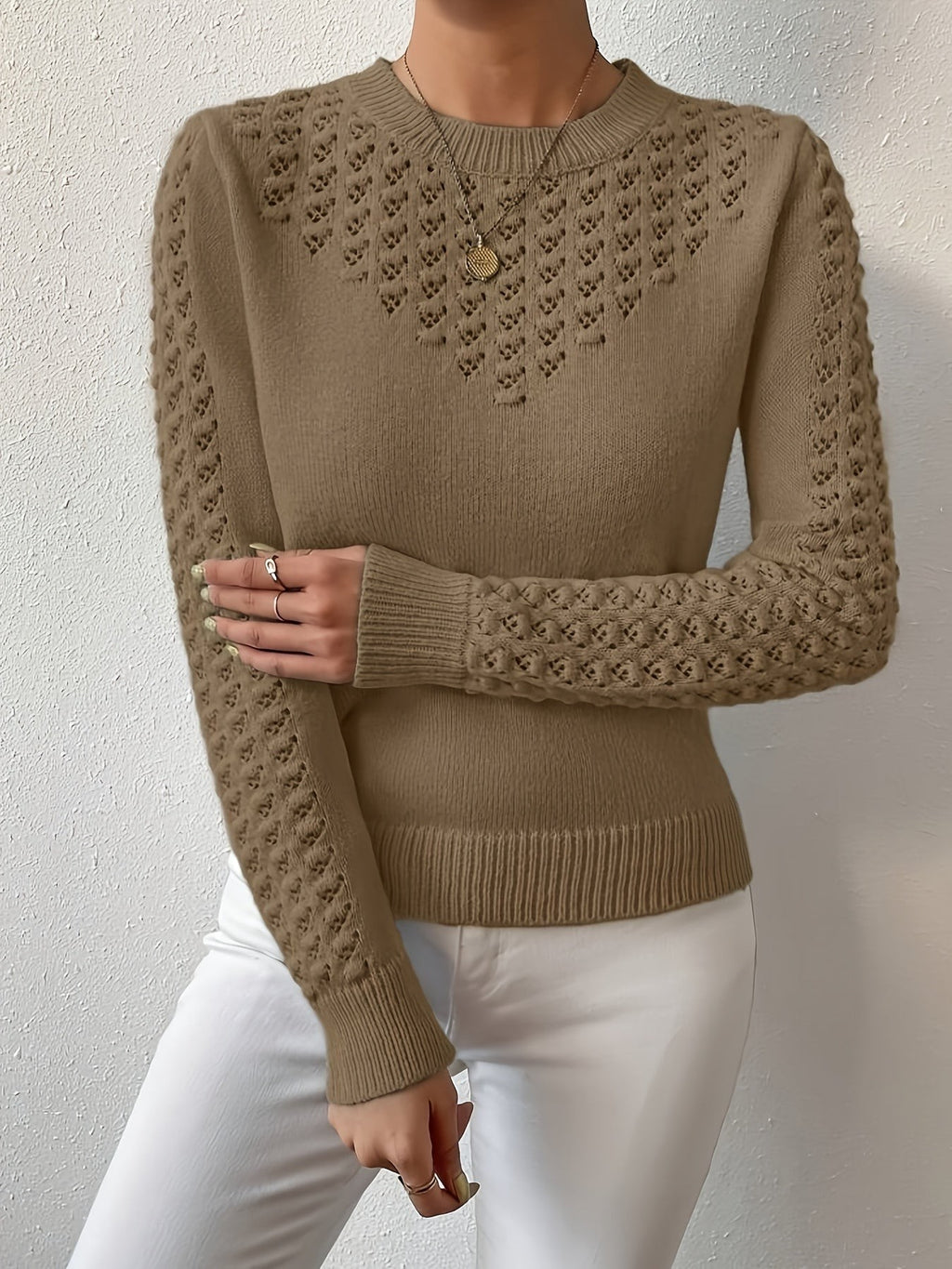 Pull à col rond en tricot pointelle chaud pour femme