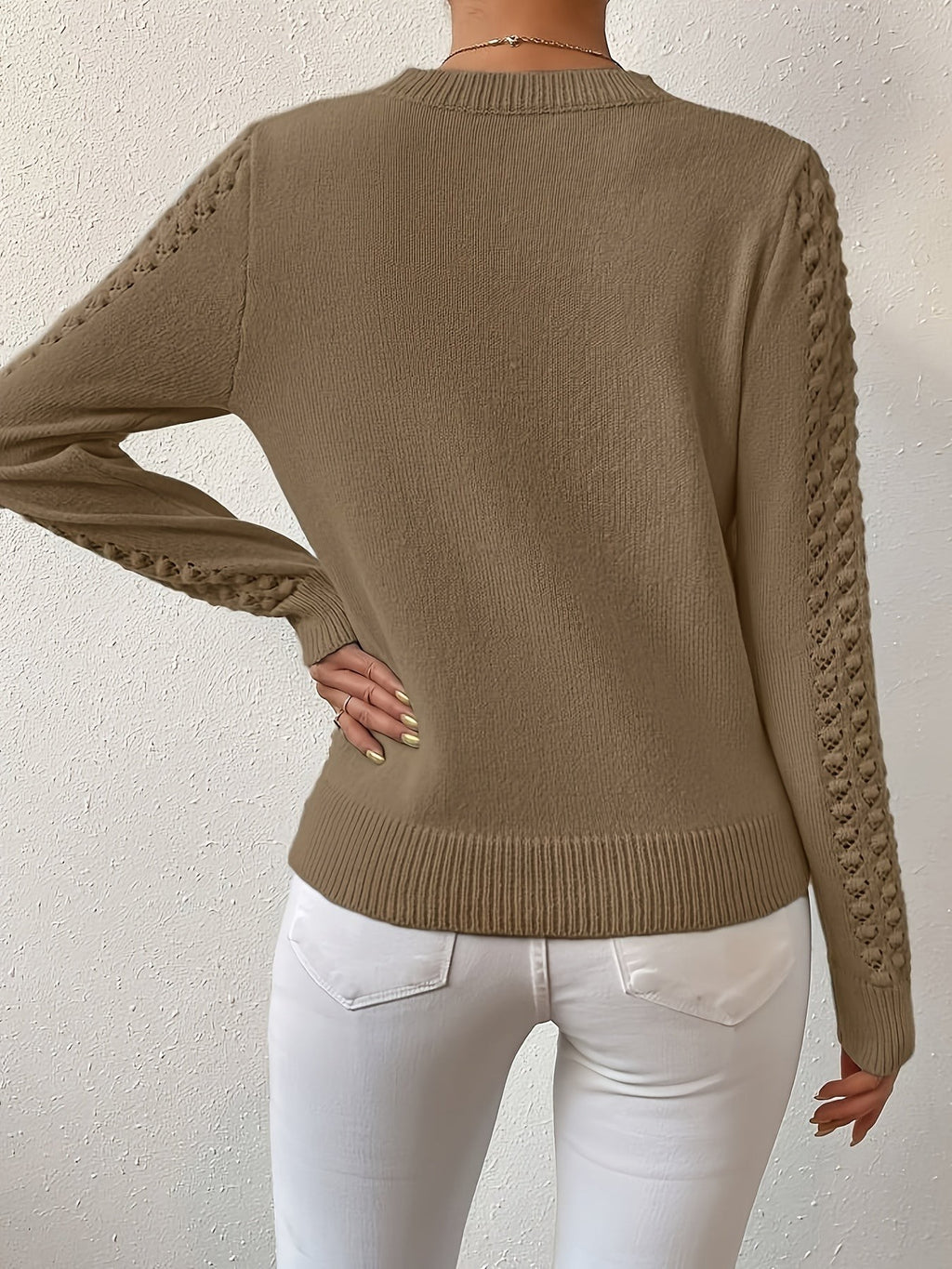 Pull à col rond en tricot pointelle chaud pour femme