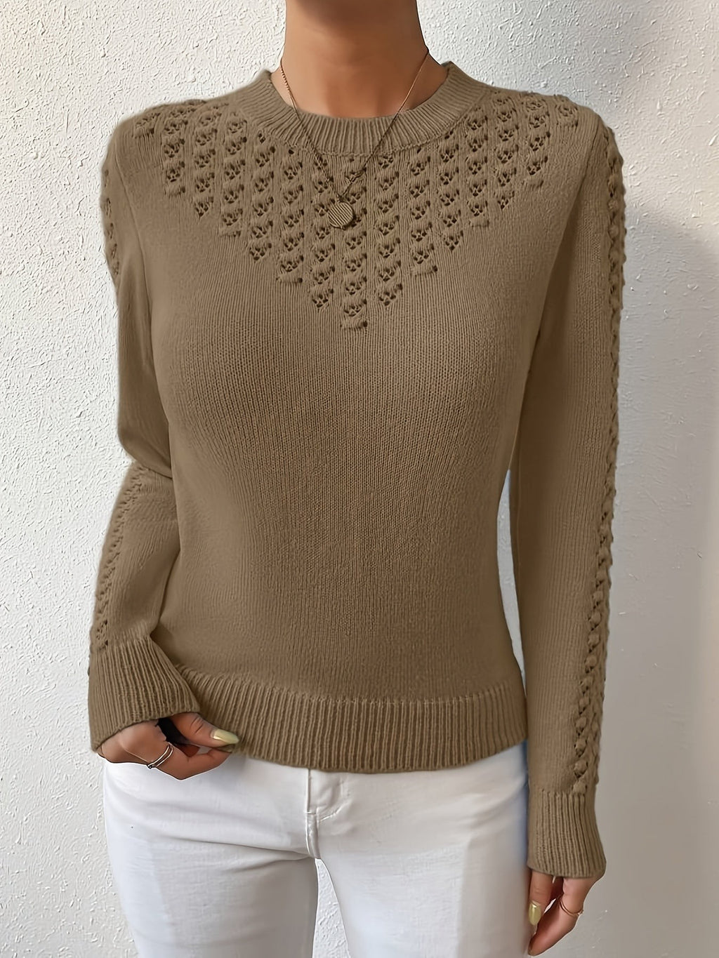 Pull à col rond en tricot pointelle chaud pour femme