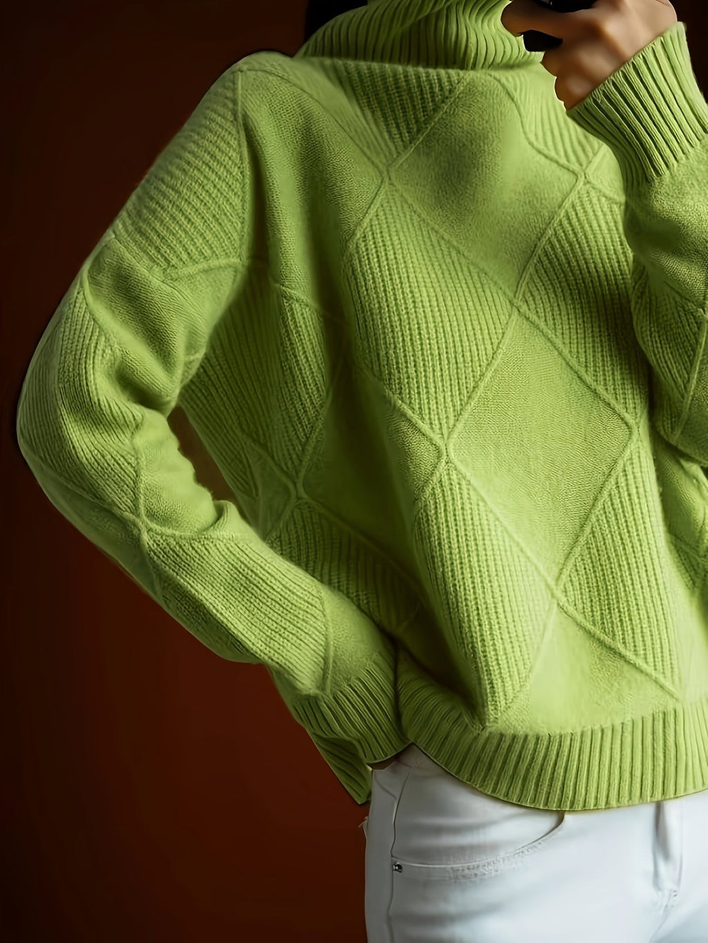 Pull à col roulé texturé à motif losange pour femme