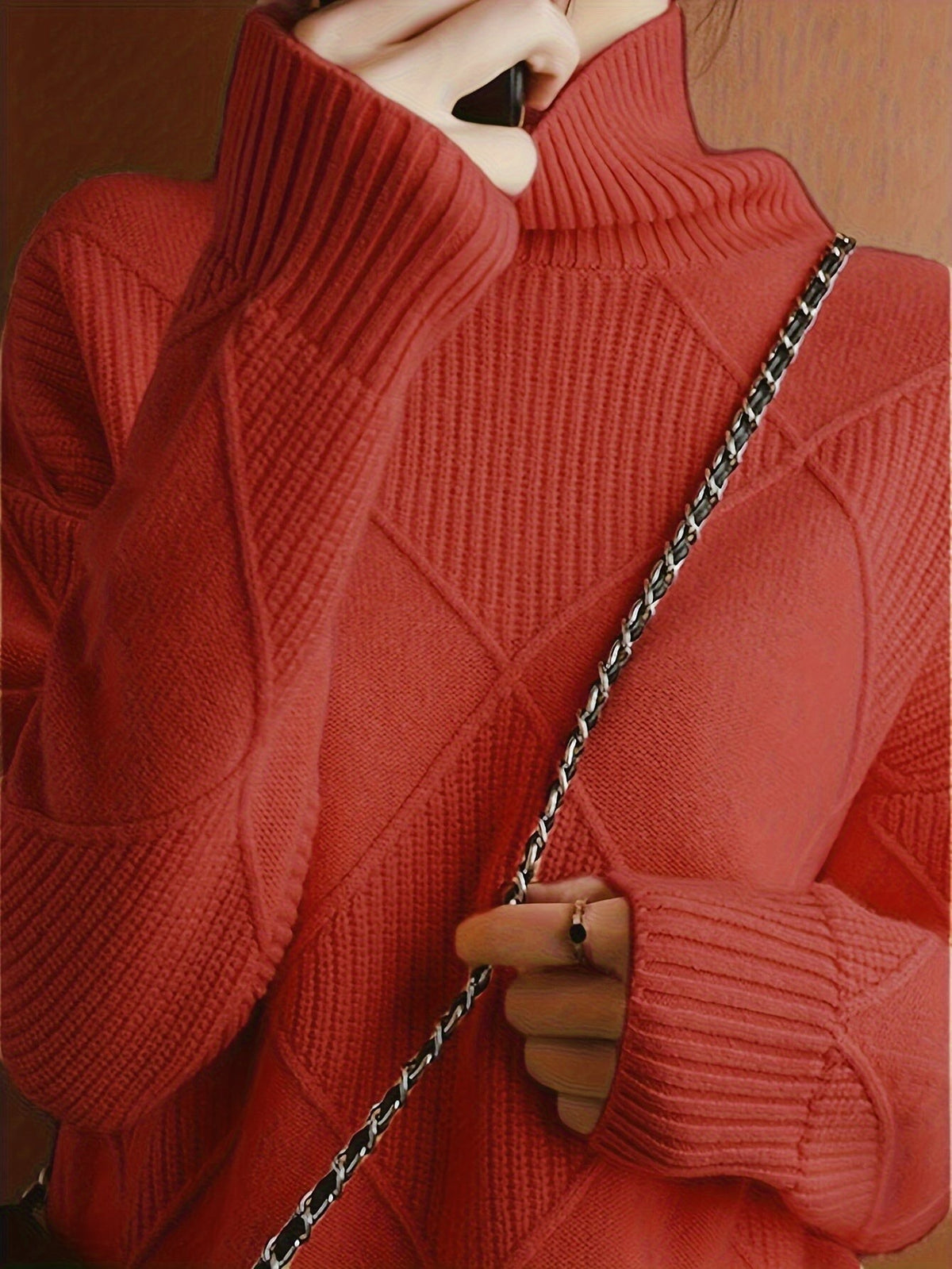 Pull à col roulé texturé à motif losange pour femme