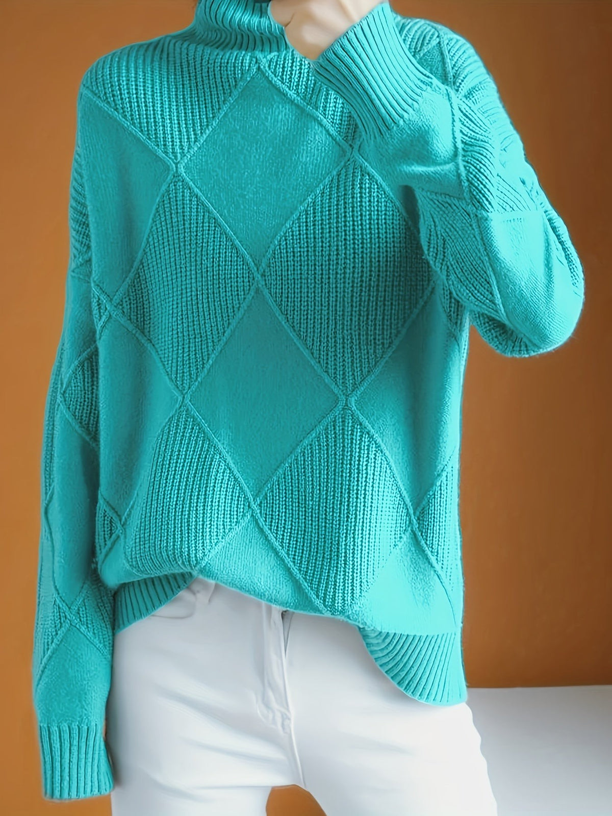 Pull à col roulé texturé à motif losange pour femme