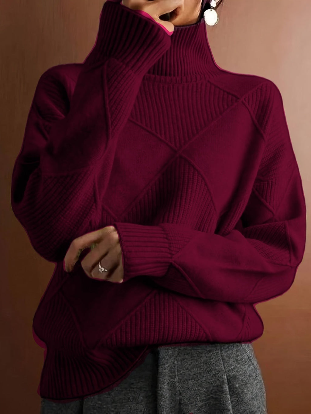 Pull à col roulé texturé à motif losange pour femme