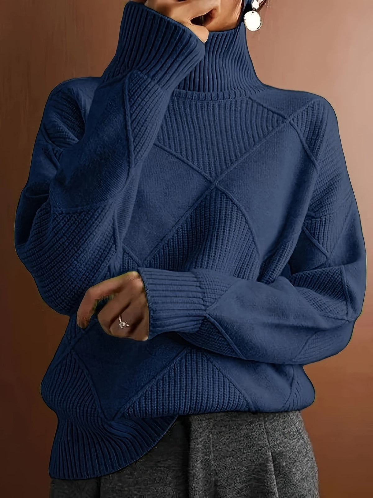 Pull à col roulé texturé à motif losange pour femme