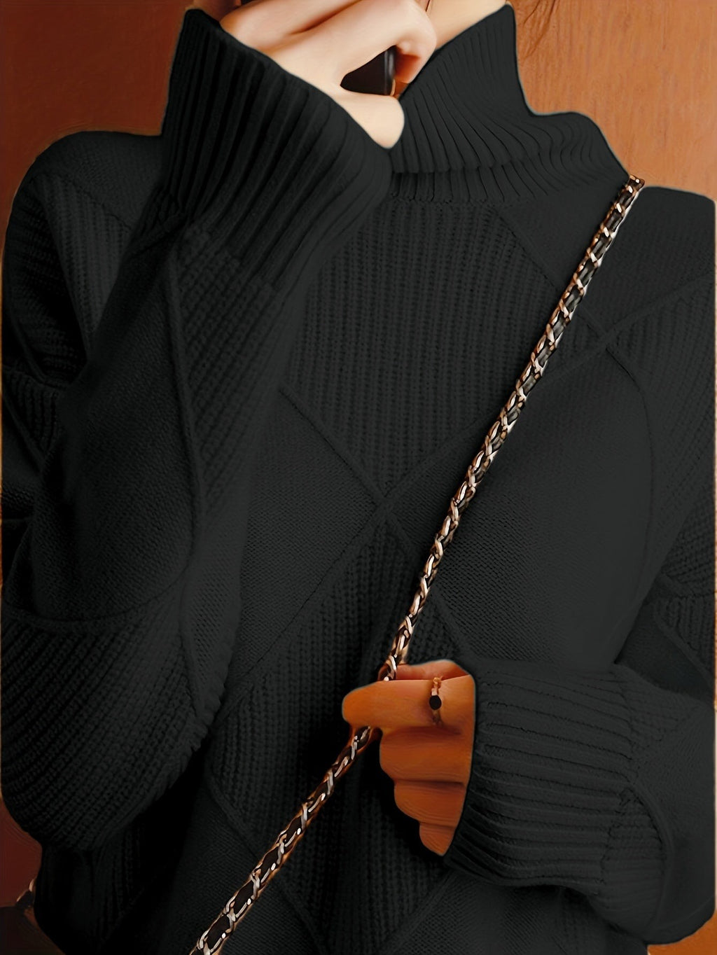 Pull à col roulé texturé à motif losange pour femme