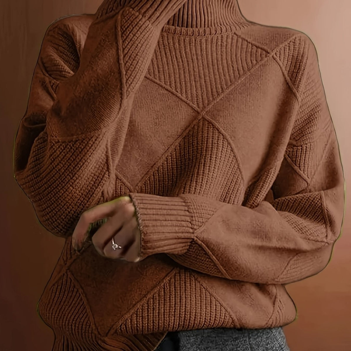 Pull à col roulé texturé à motif losange pour femme