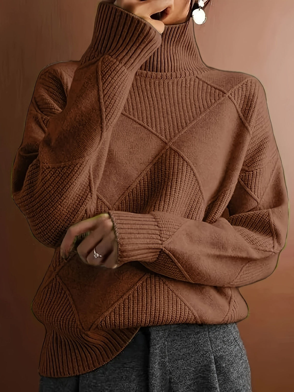 Pull à col roulé texturé à motif losange pour femme