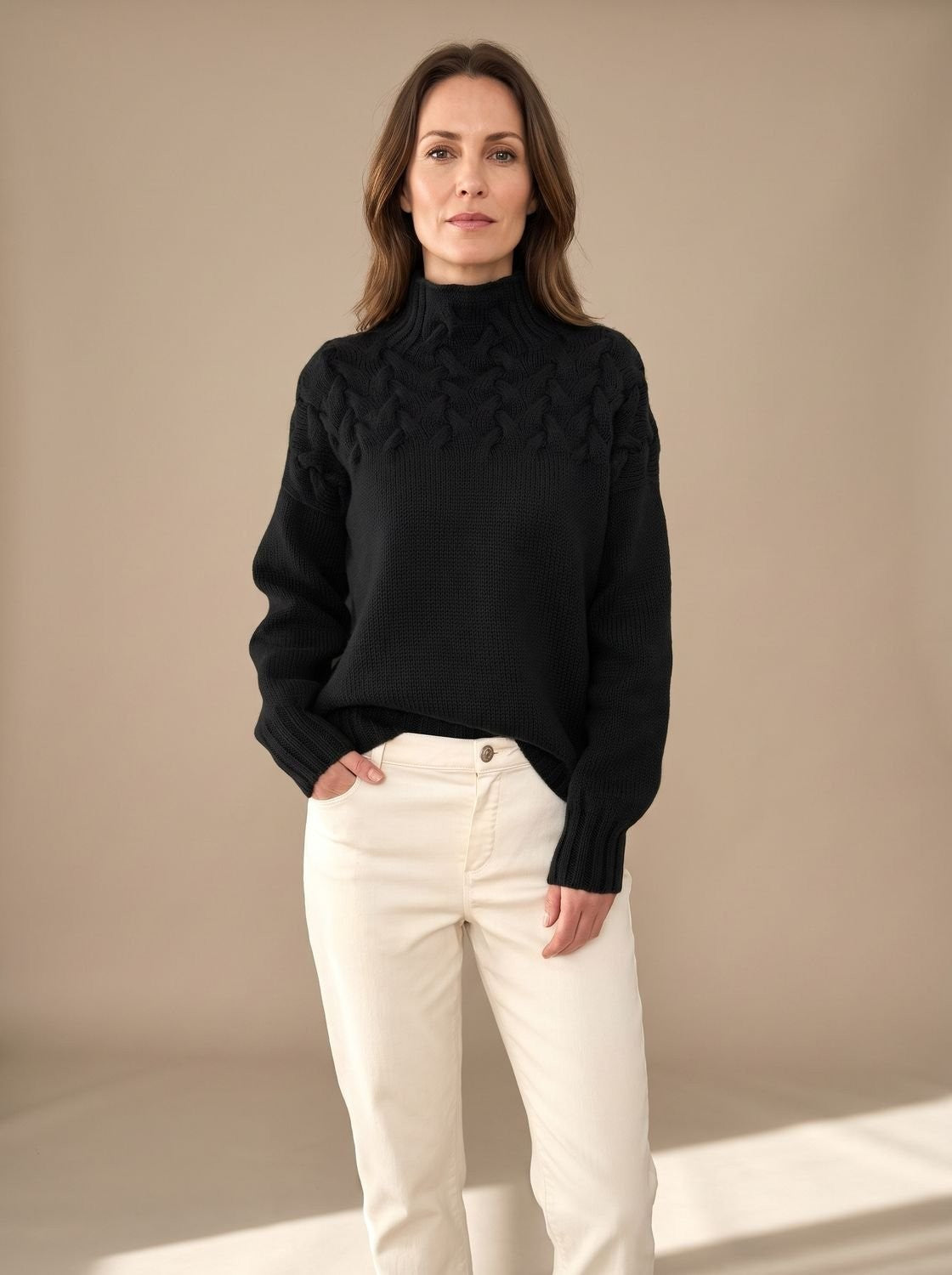 Pull de Noël femme à col roulé en maille torsadée, maille texturée