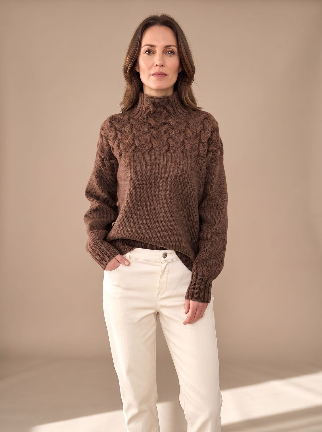 Pull de Noël femme à col roulé en maille torsadée, maille texturée