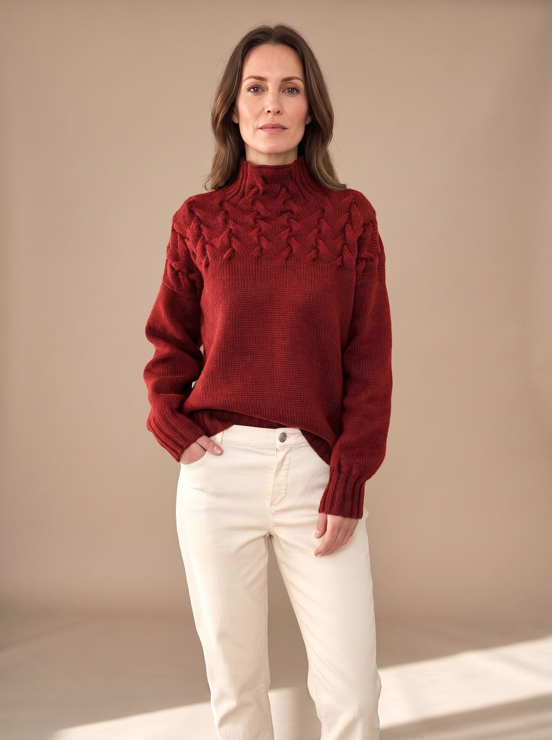 Pull de Noël femme à col roulé en maille torsadée, maille texturée