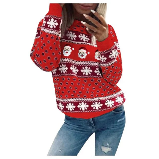 Pull de Noël femme à motifs de Père Noël et de flocons de neige