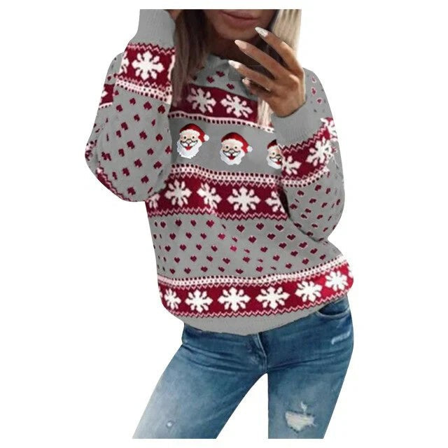 Pull de Noël femme à motifs de Père Noël et de flocons de neige
