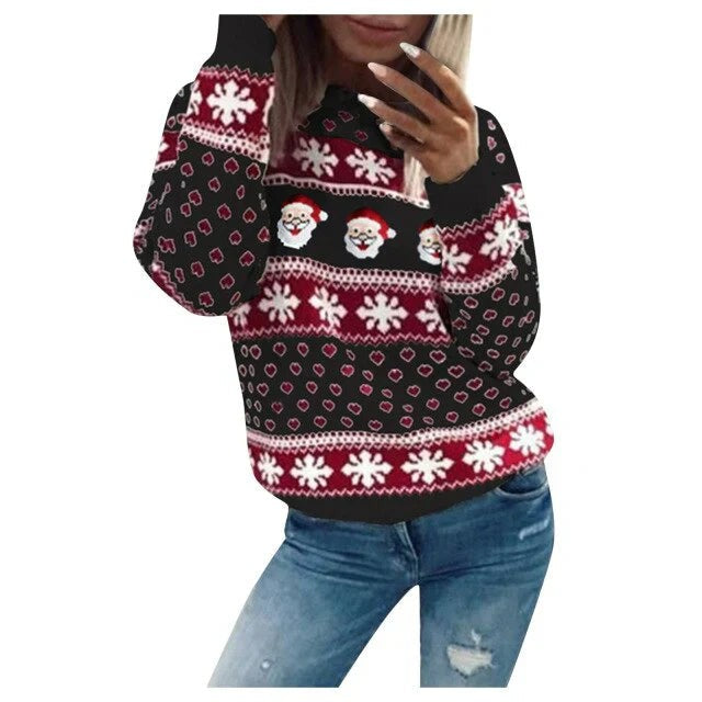 Pull de Noël femme à motifs de Père Noël et de flocons de neige