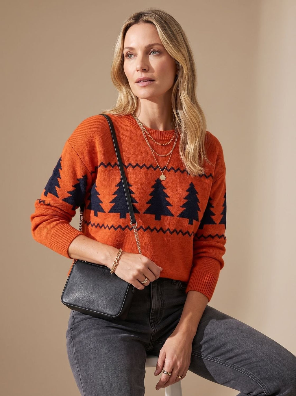 Pull de Noël femme en maille à col rond et motif sapin, coupe ample
