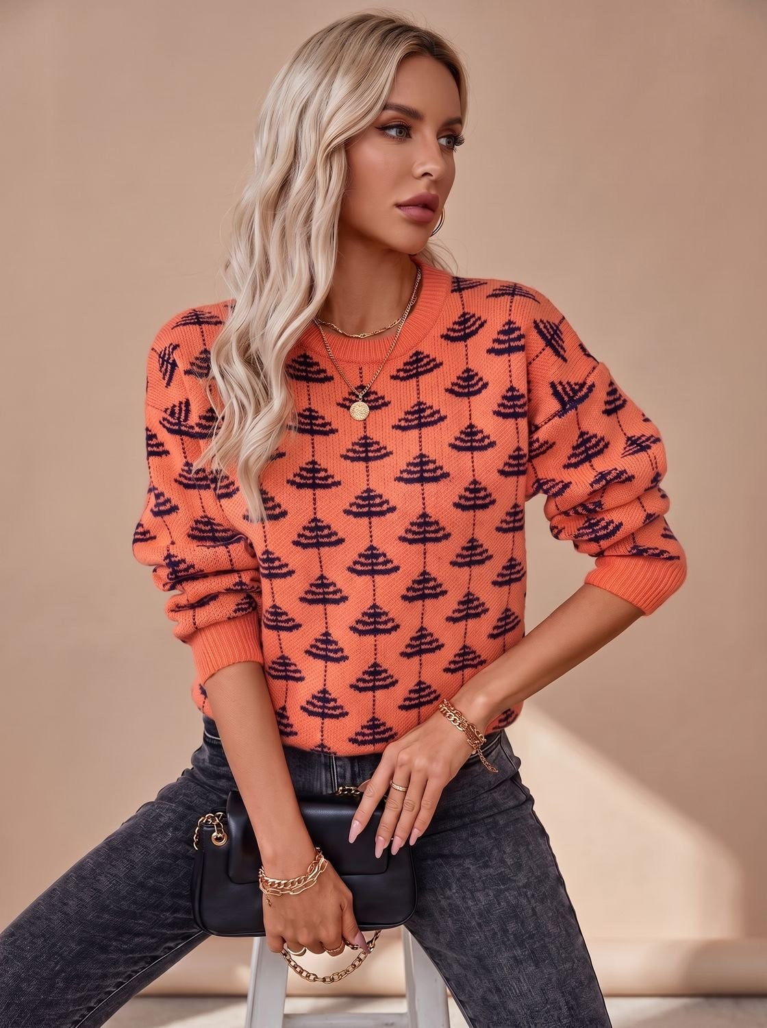 Pull de Noël femme en maille à col rond et motif sapin, coupe ample