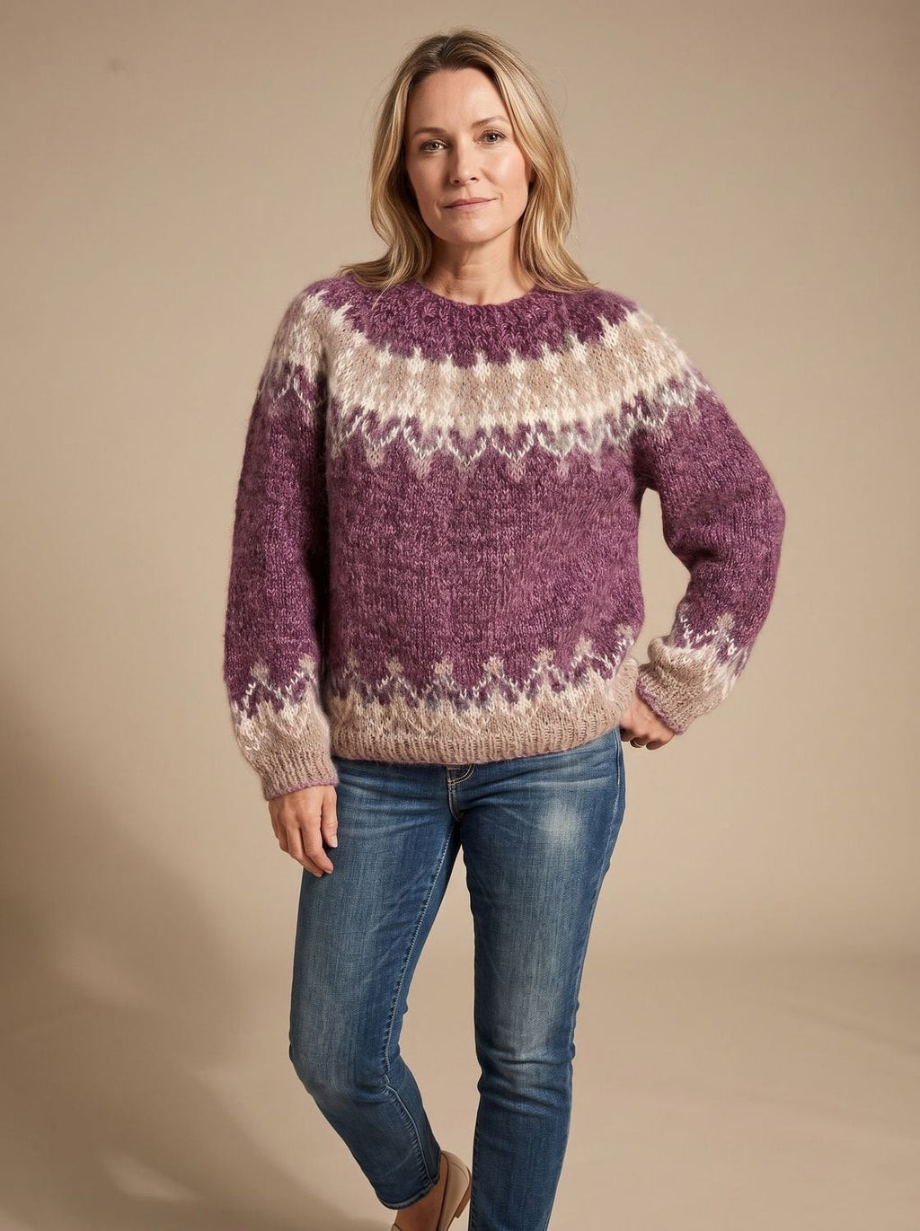 Pull de Noël femme en tricot jacquard nordique à col rond