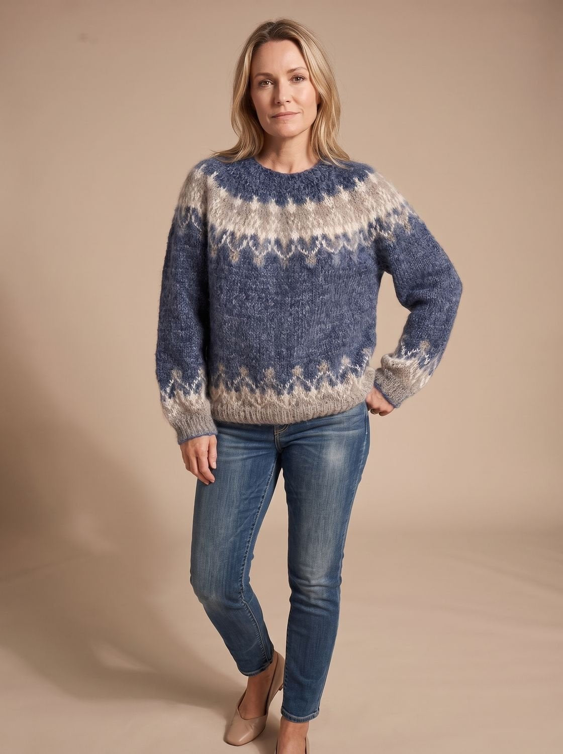 Pull de Noël femme en tricot jacquard nordique à col rond