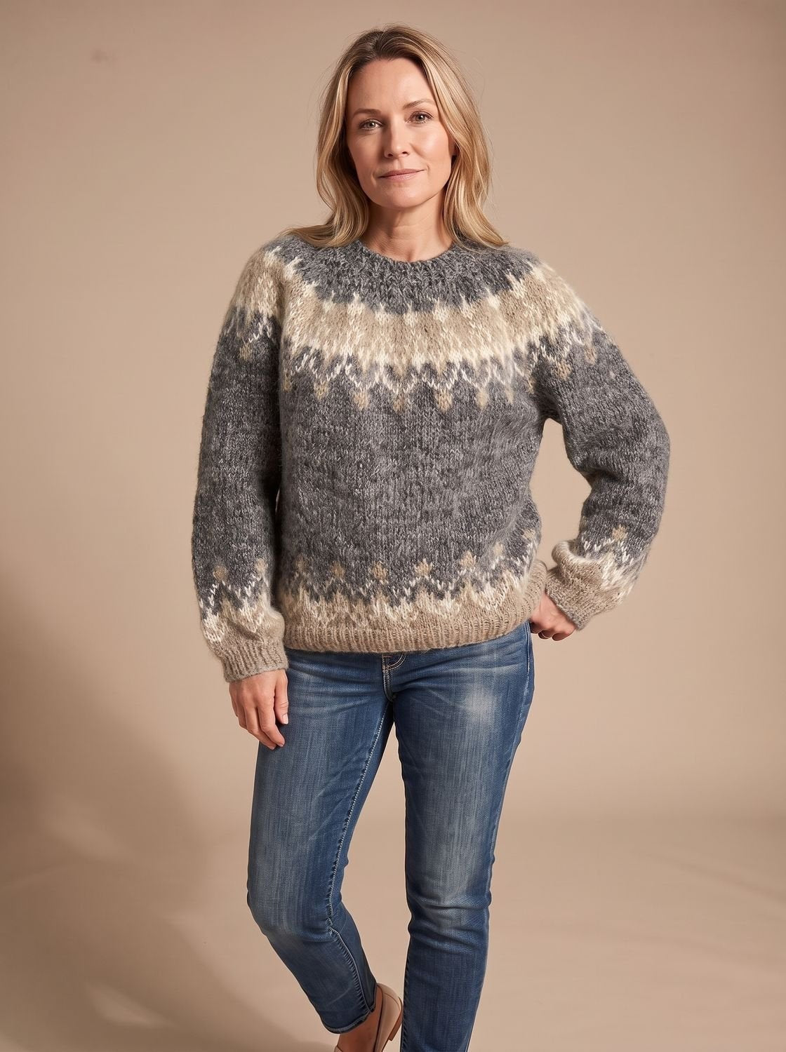 Pull de Noël femme en tricot jacquard nordique à col rond