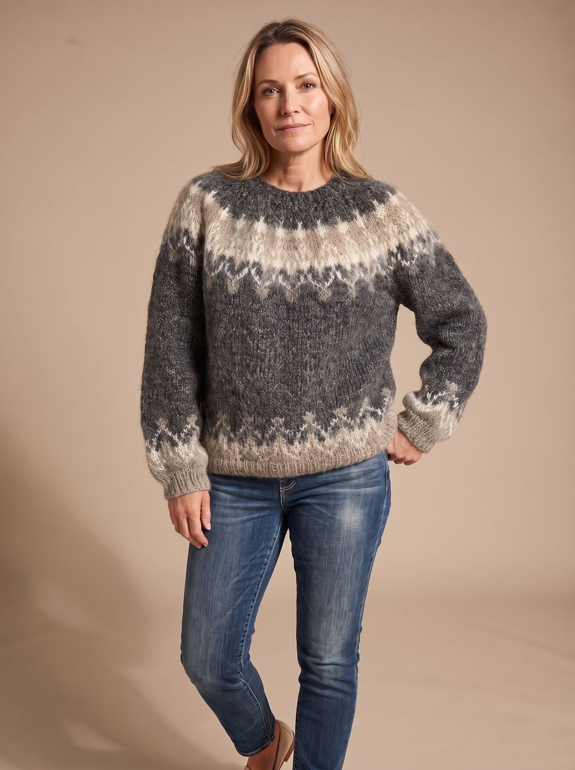 Pull de Noël femme en tricot jacquard nordique à col rond