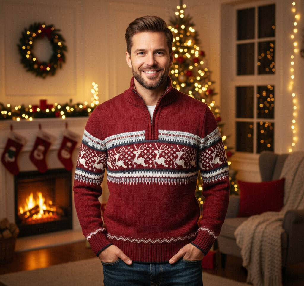 Pull de Noël homme en maille chaude à motifs festifs et demi-zip, Coupe confortable