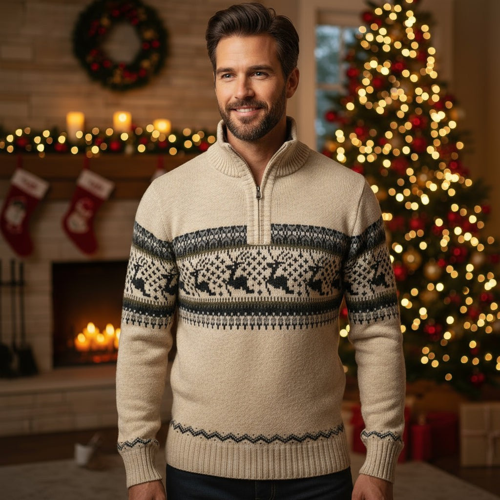 Pull de Noël homme en maille chaude à motifs festifs et demi-zip, Coupe confortable