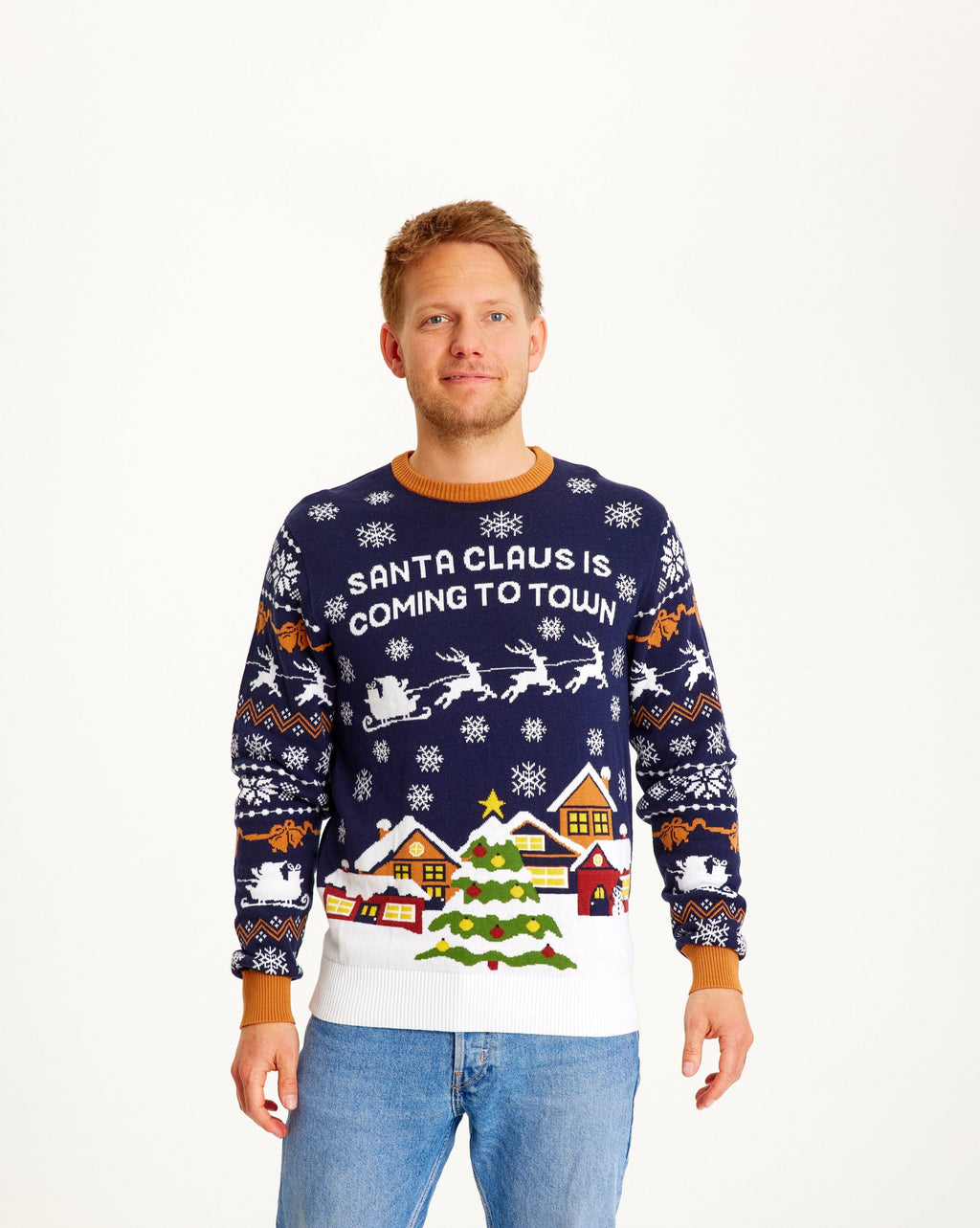 Pull de Noël marine pour homme, Le Père Noël arrive en ville