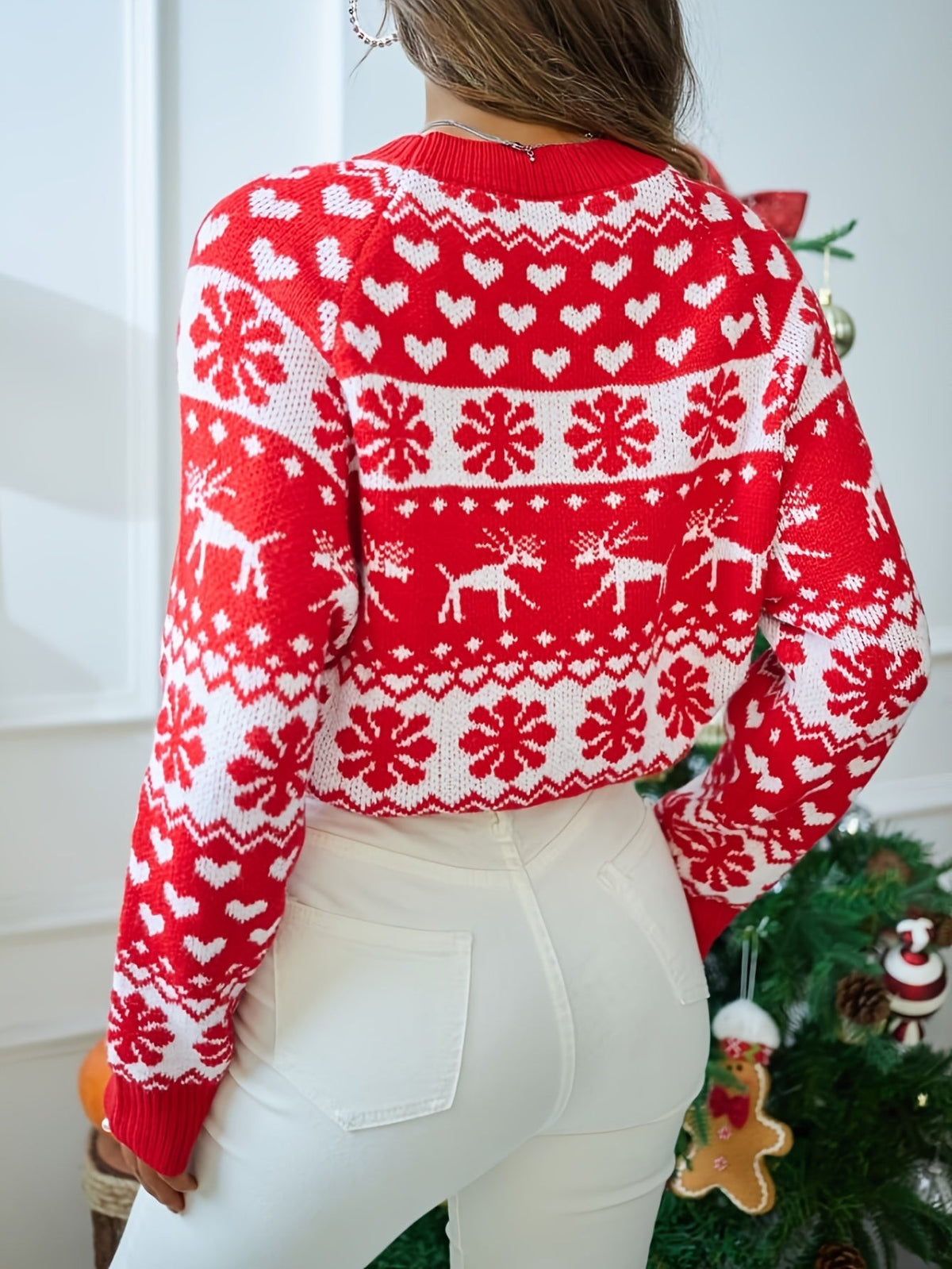 Pull de Noël moche à motifs flocons et rennes pour femme, Pull des fêtes