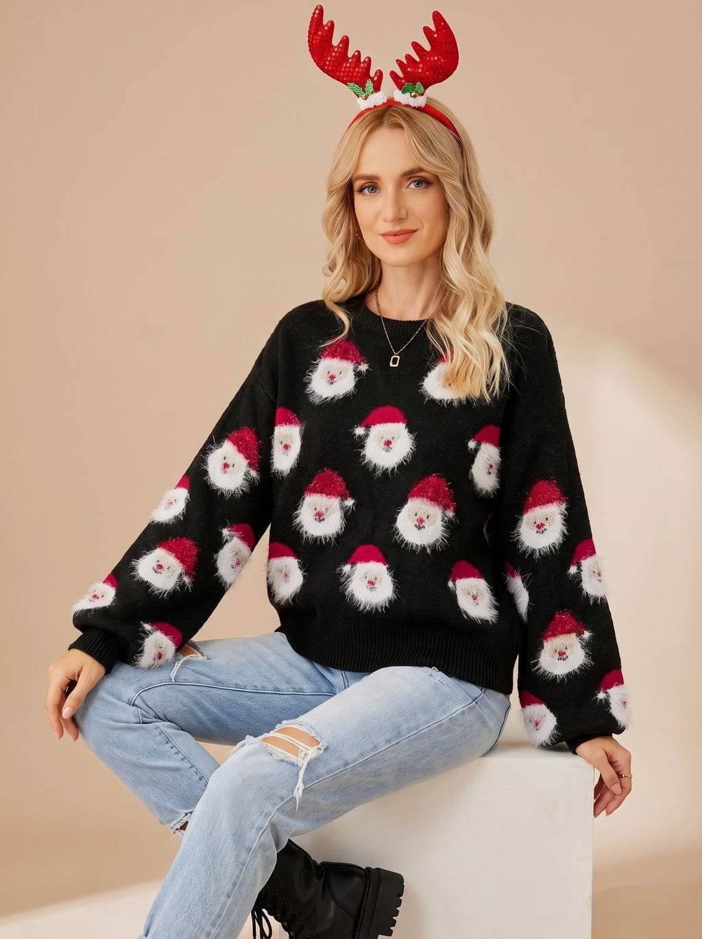 Pull de Noël oversize femme à motif Père Noël manches longues