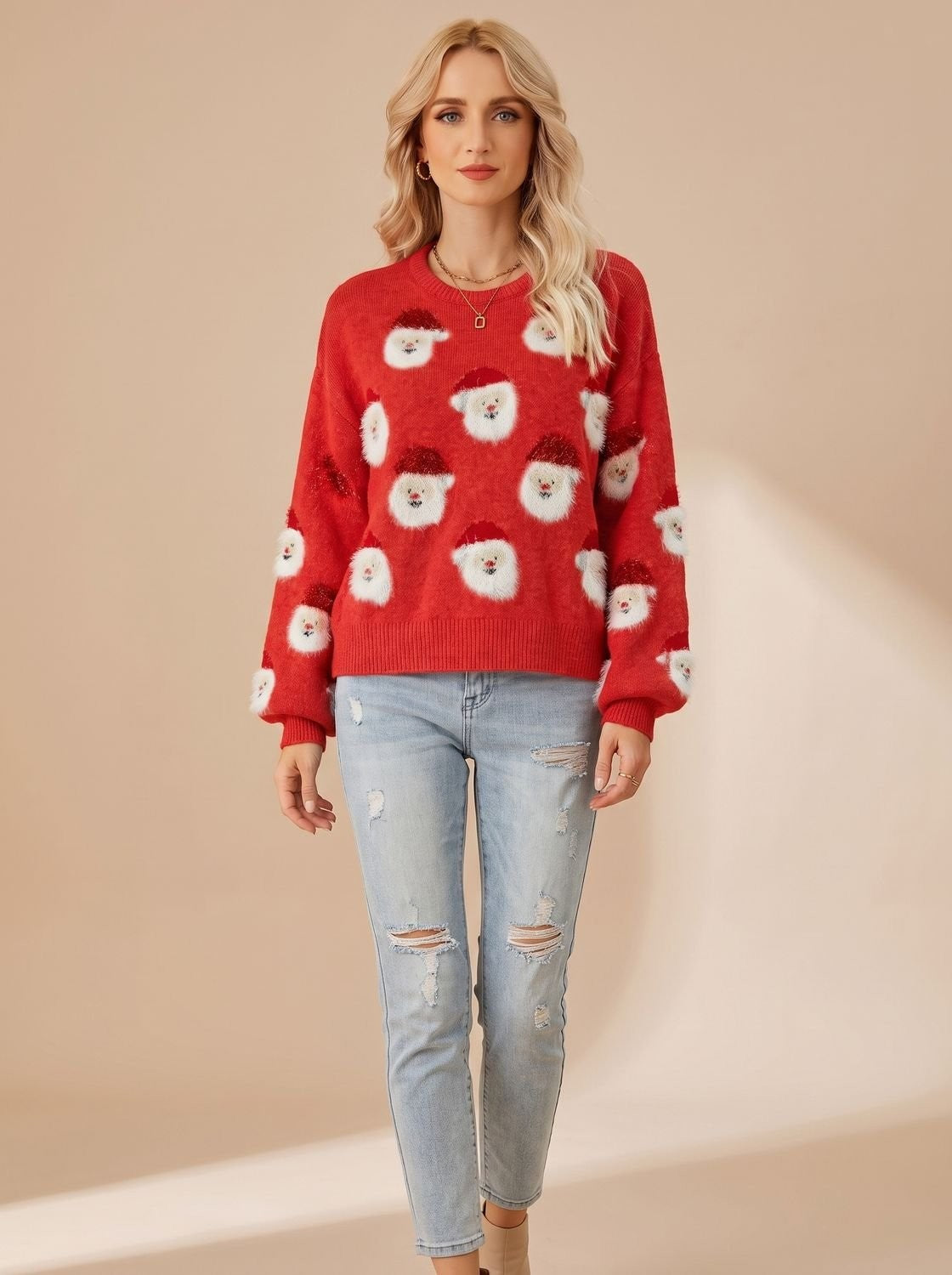 Pull de Noël oversize femme à motif Père Noël manches longues
