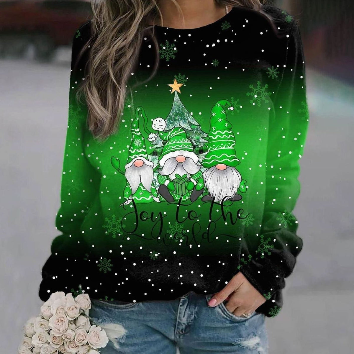 Pull de Noël tricoté ample à col rond pour femme, Motif de Noël