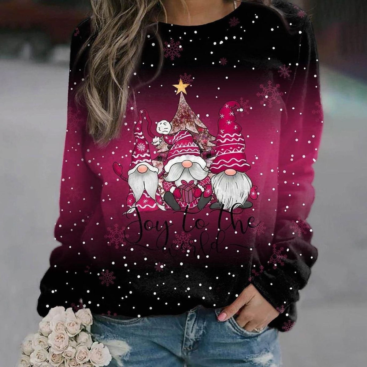 Pull de Noël tricoté ample à col rond pour femme, Motif de Noël