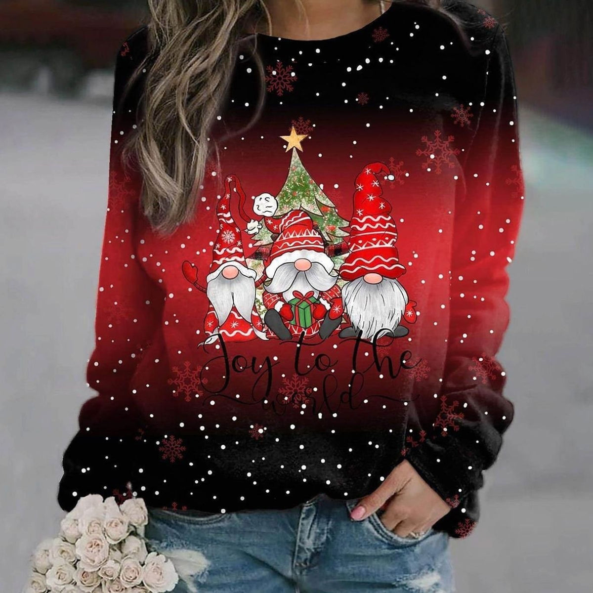 Pull de Noël tricoté ample à col rond pour femme, Motif de Noël