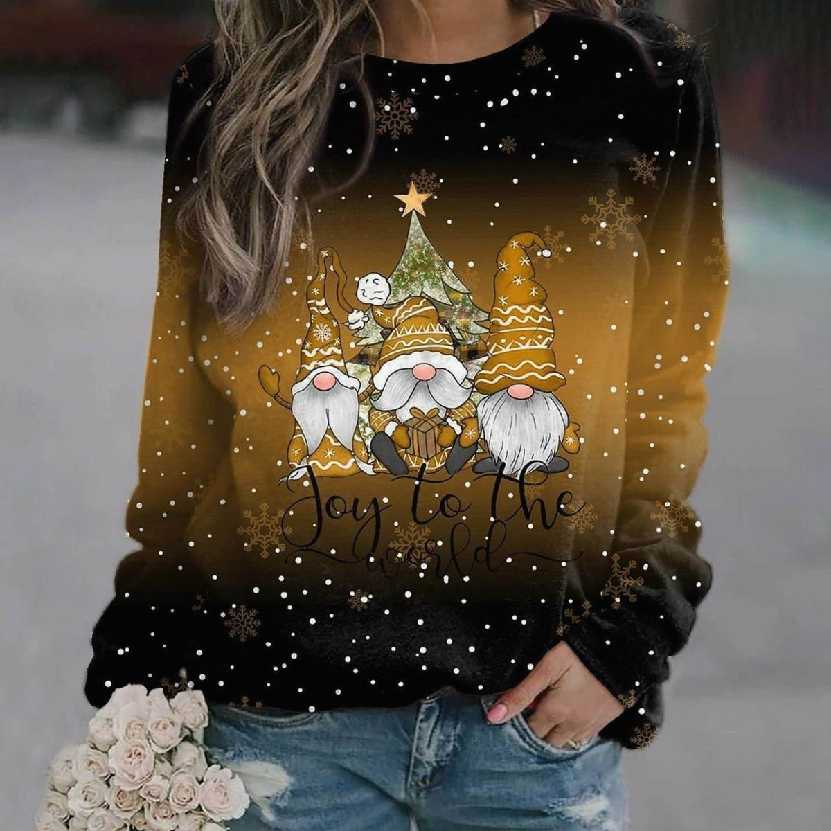 Pull de Noël tricoté ample à col rond pour femme, Motif de Noël