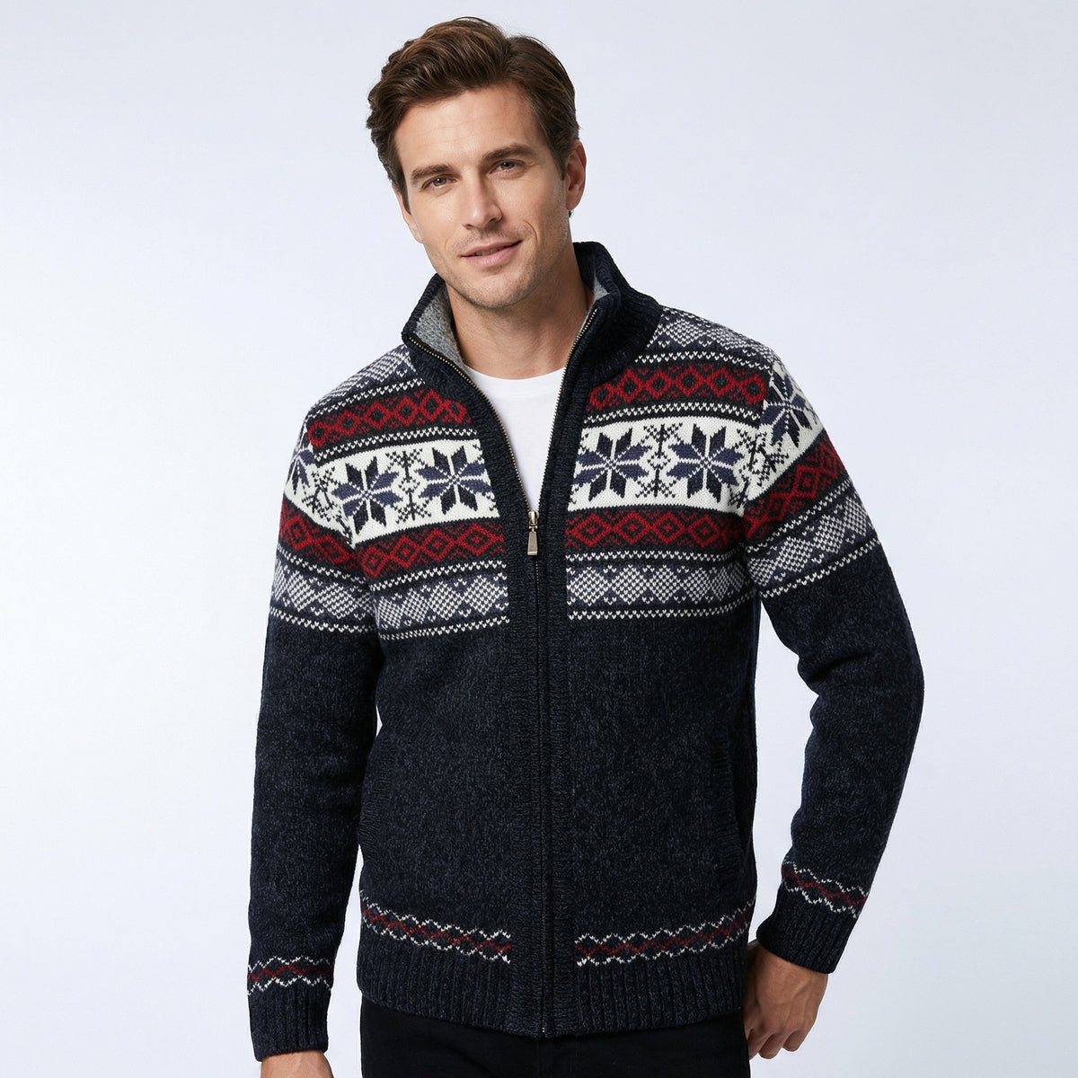 Pull de Noël tricoté homme à col montant et fermeture éclair, motif jacquard nordique chaud